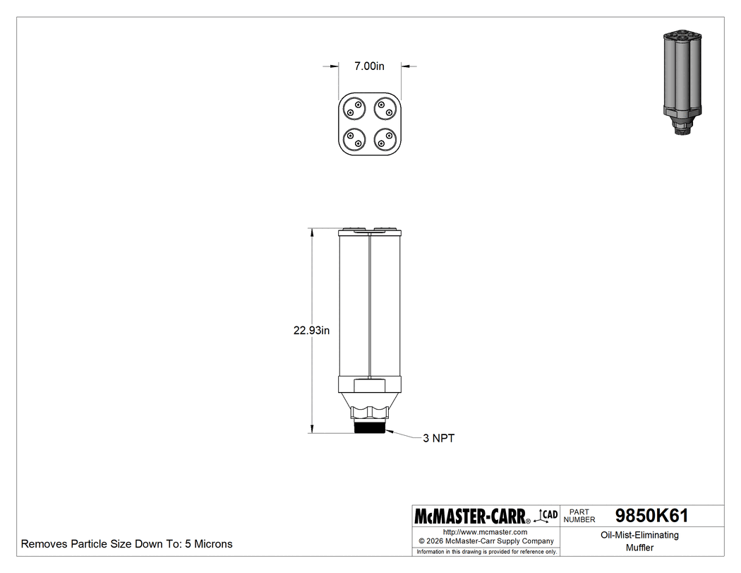Technical Drawing of Oil-Mist-Eliminating Muffler, 3 NPT Male.